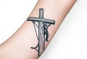 power lineman climbing a wooden 12kv pole. Make the pole a cross that has a hidden resemblance to god. tattoo idea