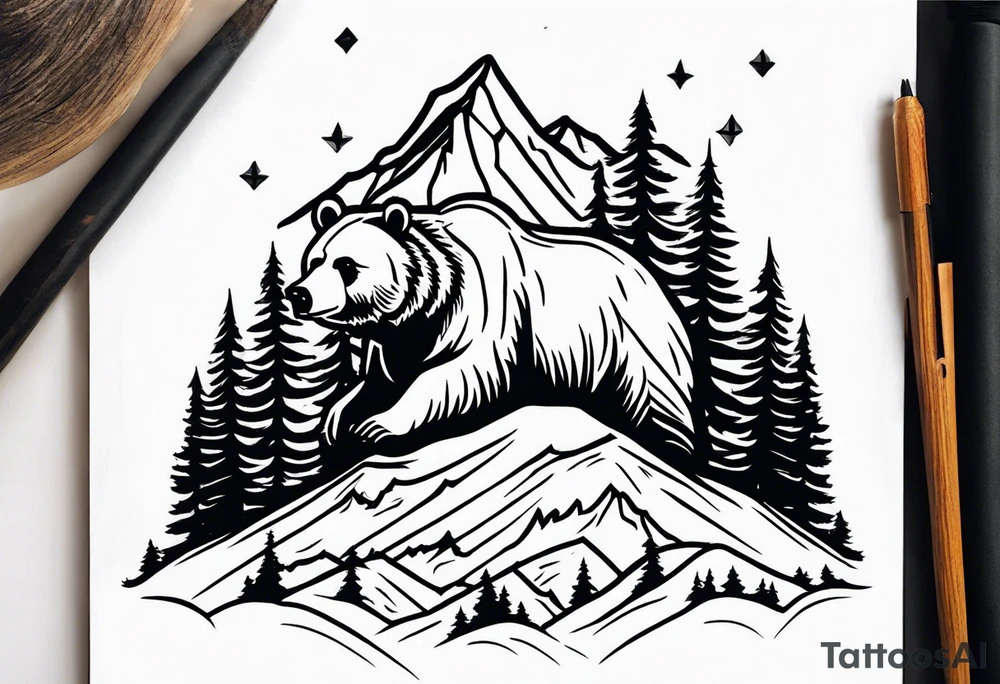 grizzly bear mountain forest tattoo idea