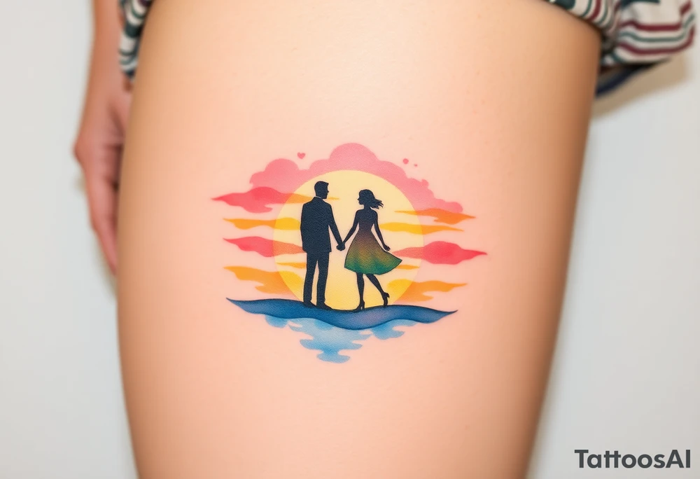 A soft watercolor sunset with two silhouetted figures holding hands, symbolizing a lifetime of love and support tattoo idea