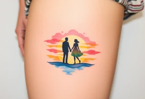 A soft watercolor sunset with two silhouetted figures holding hands, symbolizing a lifetime of love and support tattoo idea