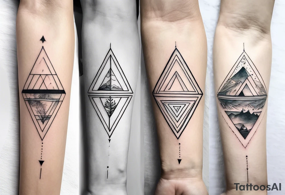 four small triangle portals to fantasy world connected by line, forearm tattoo tattoo idea