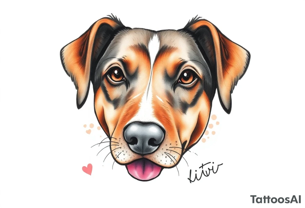 One line tattoo of female dog with white strip going up dog’s snout slightly off centered. Brown brindled and the dogs tongue slightly out with  the name kiwi and Just the colors black  white brown with a small heart near by tattoo idea
