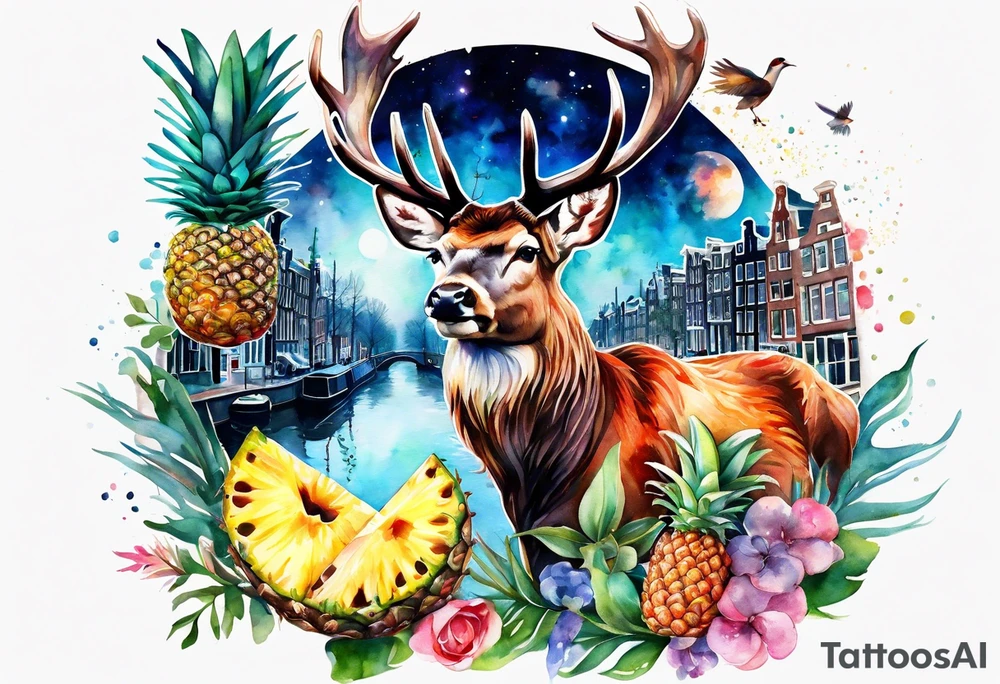 Stag, watercolour, birds, Amsterdam canal, Animals, amsterdam, pineapples, space, galaxy, canal tattoo idea