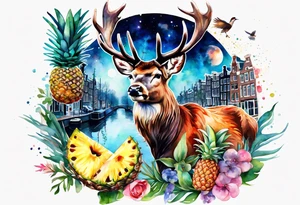 Stag, watercolour, birds, Amsterdam canal, Animals, amsterdam, pineapples, space, galaxy, canal tattoo idea