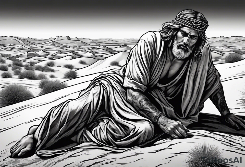 man crawling in a desert toward the cross of Christ tattoo idea