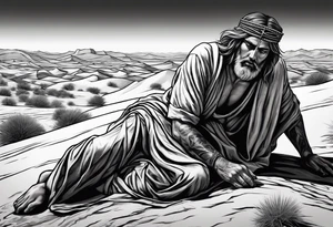 man crawling in a desert toward the cross of Christ tattoo idea