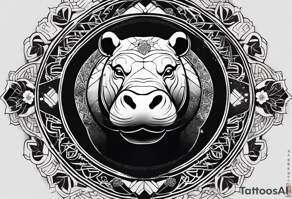 Very asymmetrical, +geometric pattern, with realistic full moon, with serious looking hippo, +zen feel, + Buddhism touch, +tribal, +geometric, +chinese inkart 
with wintersweet flower bud, +portrait orientation, +inkart touch, tattoo idea