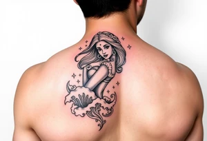 Jasmine on inner four arm with waves and stars in the background tattoo idea