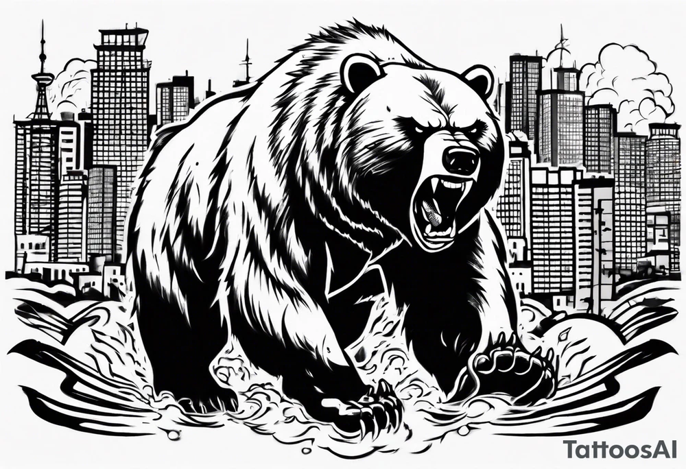 Angry bear coming up behind a city tattoo idea