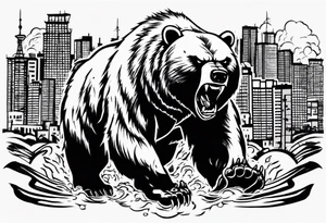 Angry bear coming up behind a city tattoo idea
