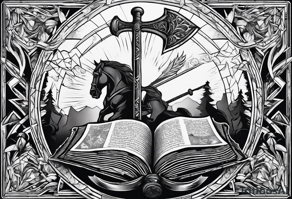 An opened bible with a battle Axe tattoo idea
