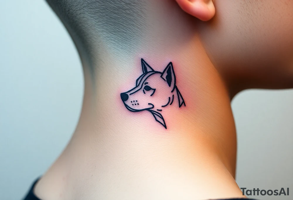 One line tattoo of dog with white strip going up dog’s snout slightly off centered. With young slightly out tattoo idea