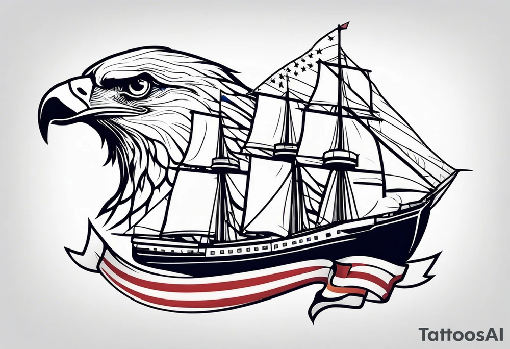 eagle flying in front of ship holding American flag in beak tattoo idea