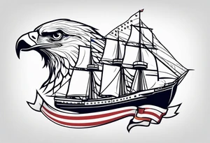 eagle flying in front of ship holding American flag in beak tattoo idea