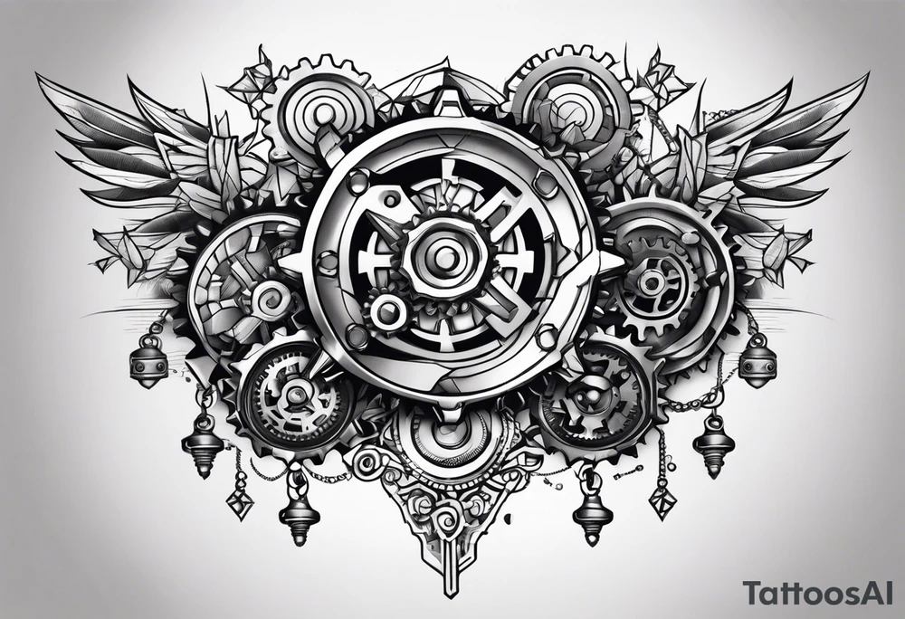 Nuts and bolts and gears and cogs on thigh tattoo idea