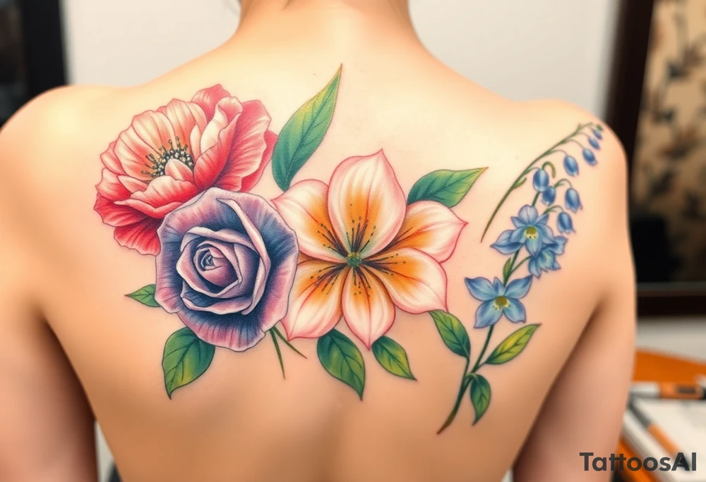 Bouquet of flowers with a carnation, rose, Lily of the valley, delphinium with stems Starting upper middle back to right shoulder tattoo idea