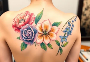 Bouquet of flowers with a carnation, rose, Lily of the valley, delphinium with stems Starting upper middle back to right shoulder tattoo idea