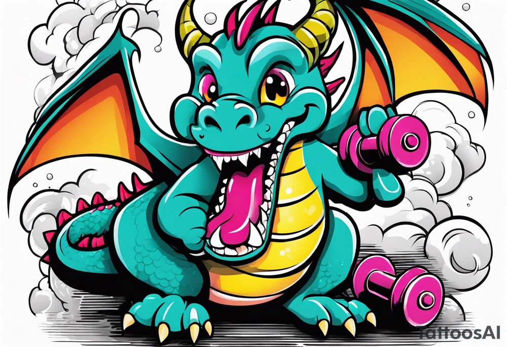 Dragon with dumbbell in mouth tattoo idea