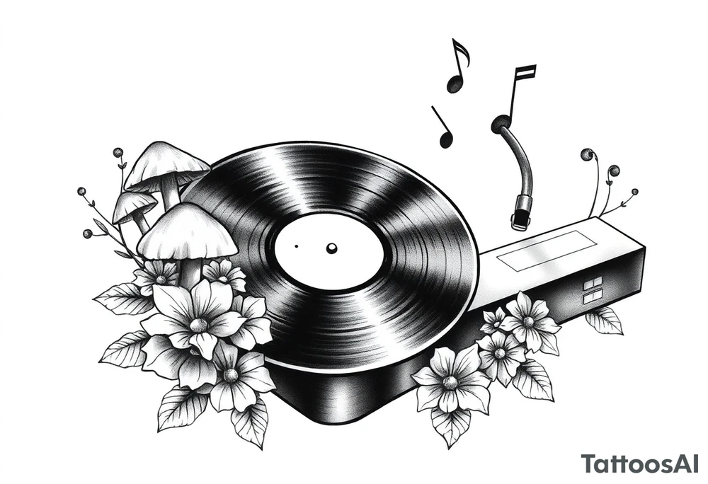 simple vinyl record player with mushrooms, flowers, and music notes around it tattoo idea