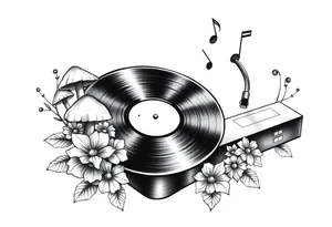 simple vinyl record player with mushrooms, flowers, and music notes around it tattoo idea