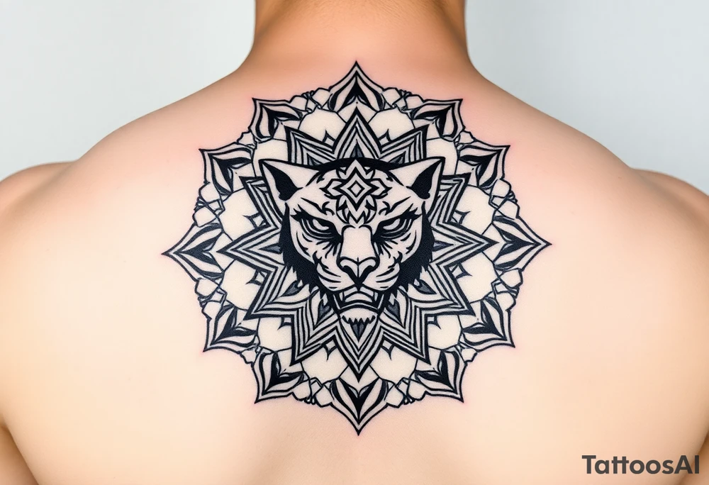 intricate mandala with a sacred panther with geometry and cosmic elements tattoo idea