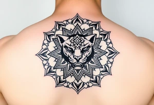 intricate mandala with a sacred panther with geometry and cosmic elements tattoo idea