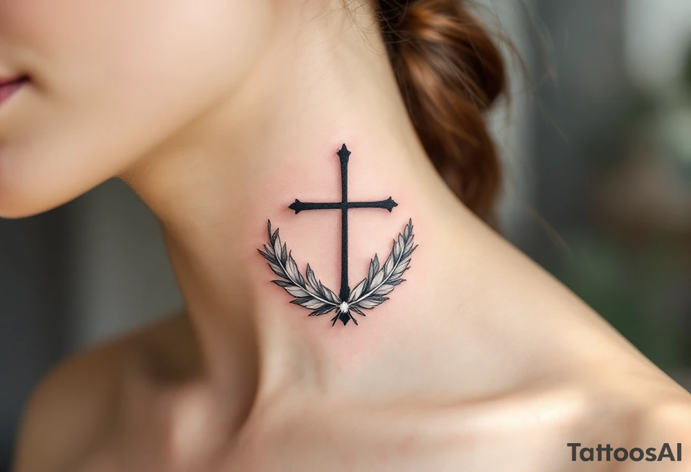 Cross with Feather Details – A thin black cross with feather accents in soft gray and white, symbolizing freedom, spirituality, and lightness of being. tattoo idea