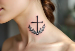 Cross with Feather Details – A thin black cross with feather accents in soft gray and white, symbolizing freedom, spirituality, and lightness of being. tattoo idea