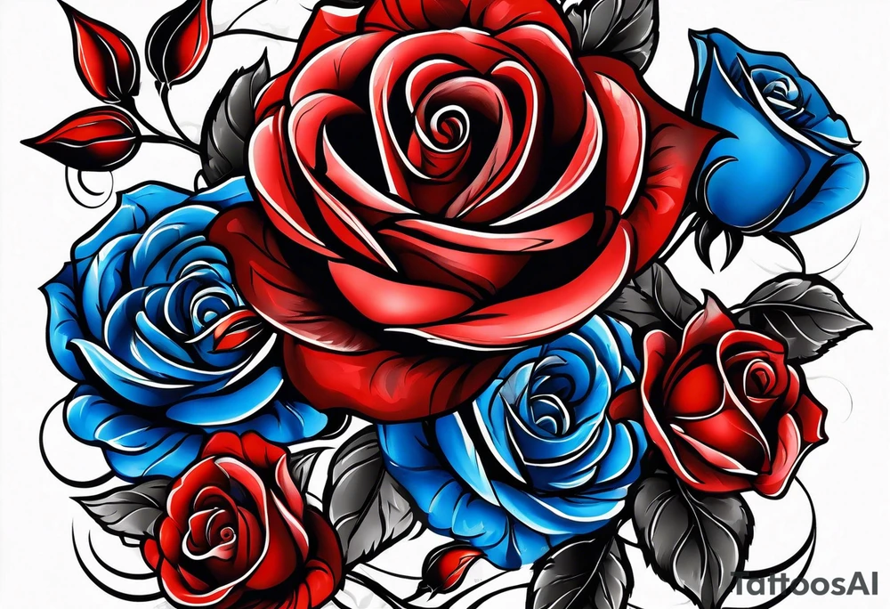 Water fall Colored blue and red roses tattoo idea