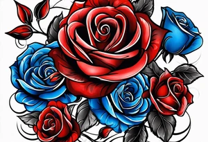 Water fall Colored blue and red roses tattoo idea