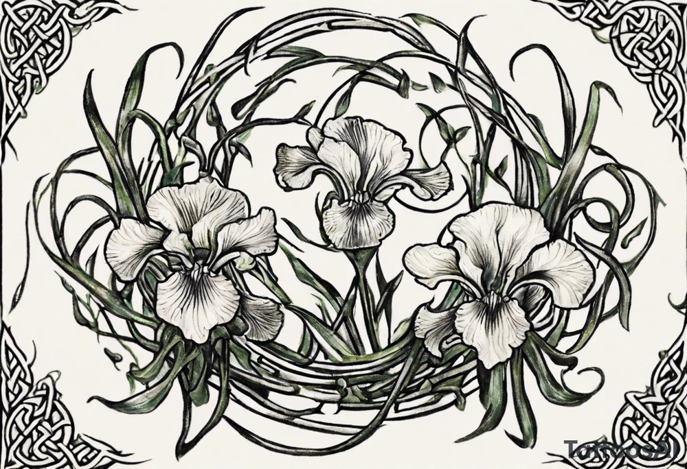 Create a small Vincent van Gogh Irises tattoo with Celtic knots. The tattoo should take the form of a crescent, with vines gracefully intertwining at a central point in the middle of the wreath. Ensure that the design avoids the appearance of a bush and maintains a more structured and deliberate arrangement. The intended placement is on the upper chest. The overall design should be small in size while maintaining a delicate and artistic aesthetic. Pay attention to the graceful flow of the vines and the placement of the irises to achieve a refined and elegant look. tattoo idea