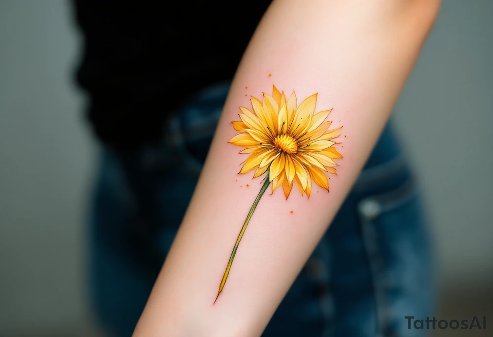 Watercolor Dandelion Burst – A vibrant yellow dandelion in full bloom, with soft watercolor splashes in light greens, yellows, and hints of orange. tattoo idea