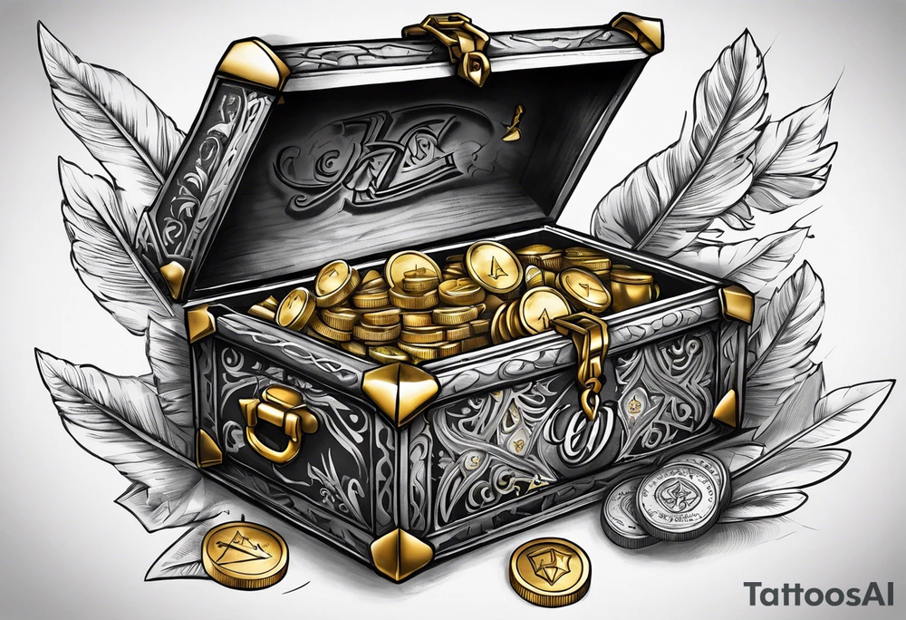 idea of adding Lucky stats to this tattoo. using 3 arrows to representing Luck, arrows stick on to a opened treasure box with gold and coins spreading everywhere. also generate word "SKINBUFFS" on the tattoo. tattoo idea