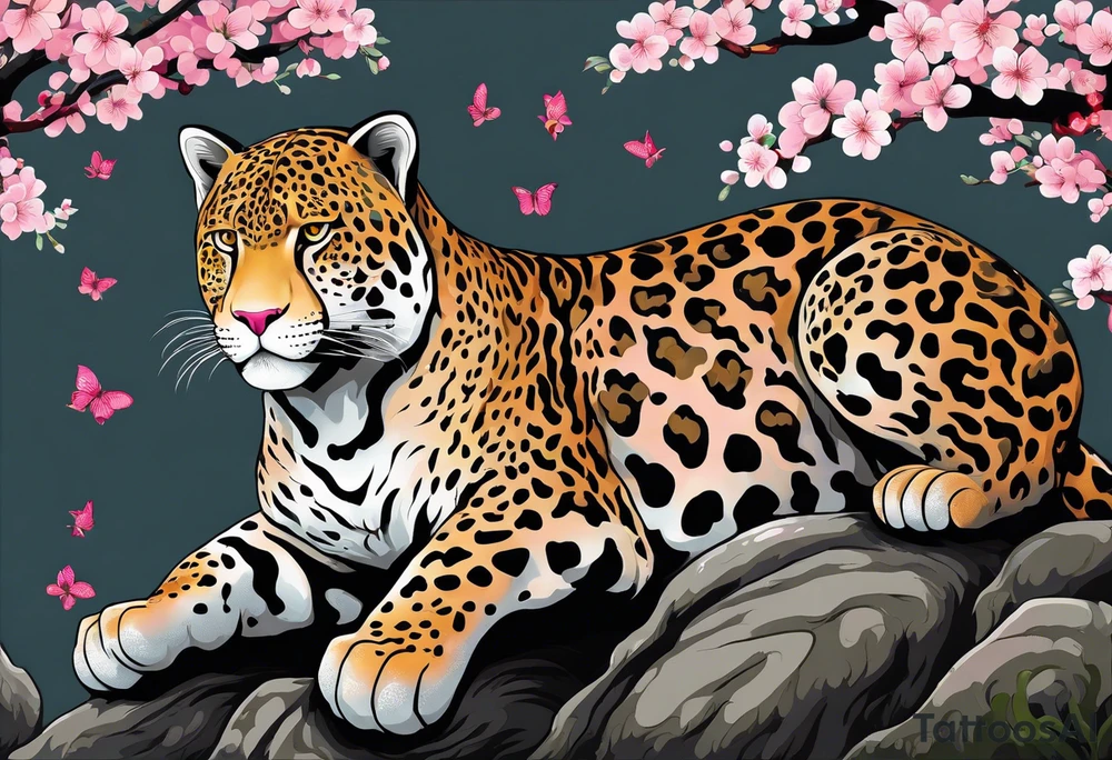 An irezumi style big cat, with the colour and pattern of a jaguar on the body of the big cat. It should be climbing upwards, with the head looking to the right. The background is a stylised cherry blossom tree with multiple shades of pink for the blossoms. The colours of the background are not dark, so that the jaguar stands out against the background. tattoo idea