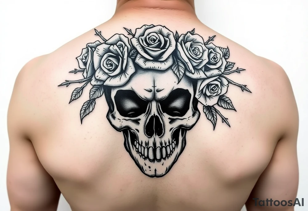 ornate skull adorned with crown of wild roses and thorns tattoo idea
