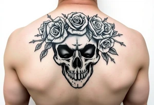 ornate skull adorned with crown of wild roses and thorns tattoo idea