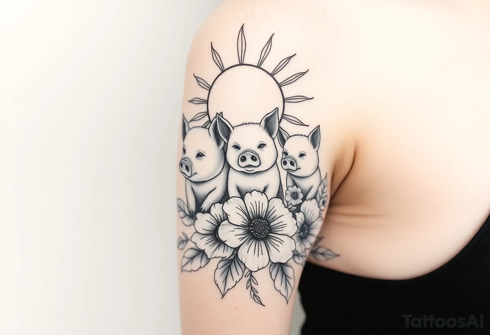 3 little piggy's hiding under a sun flower tattoo idea