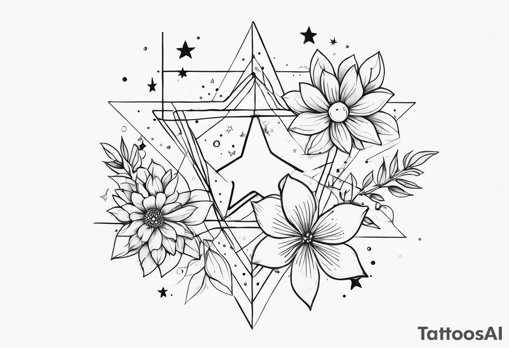 fine line with stars, floral, dots tattoo idea