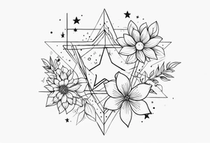 fine line with stars, floral, dots tattoo idea