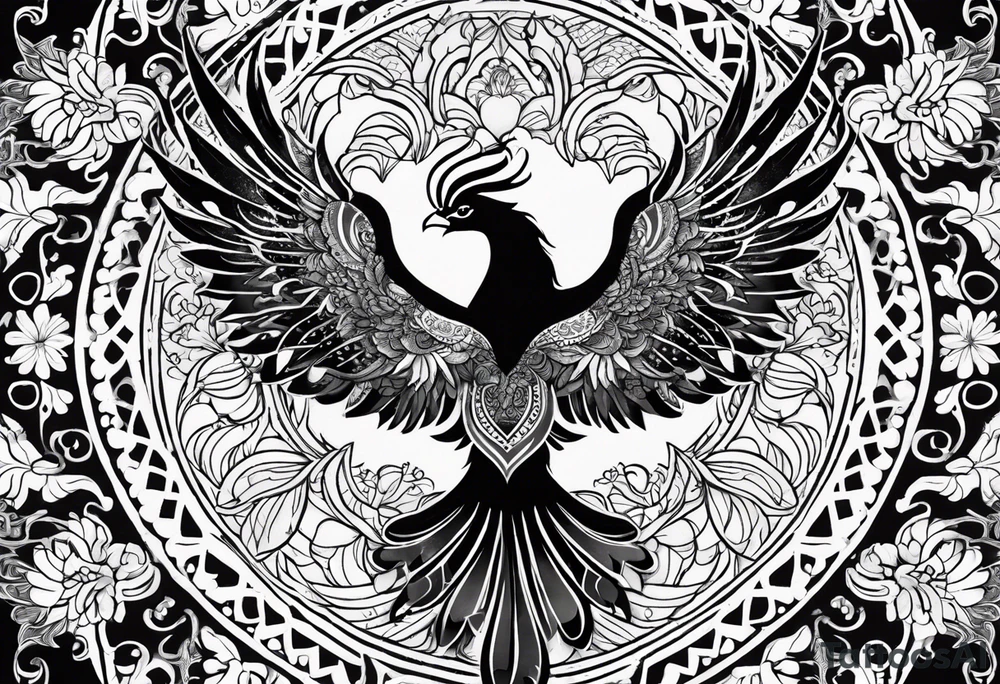 Tribal bohemian feminine impowering Phoenix rising with smoke, mandala sun, floral, lace background tattoo idea
