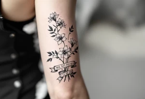 narcissus flowers and holly. at the base and top of the sleeve are banners with roman numerals across tattoo idea