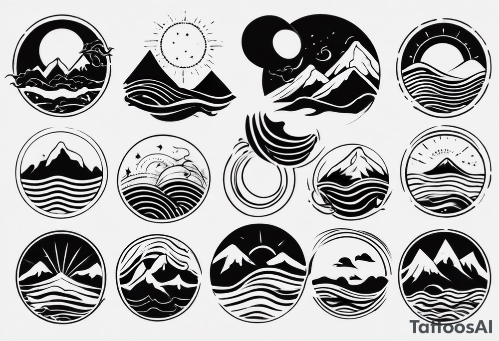 mountains, waves, sun tattoo idea