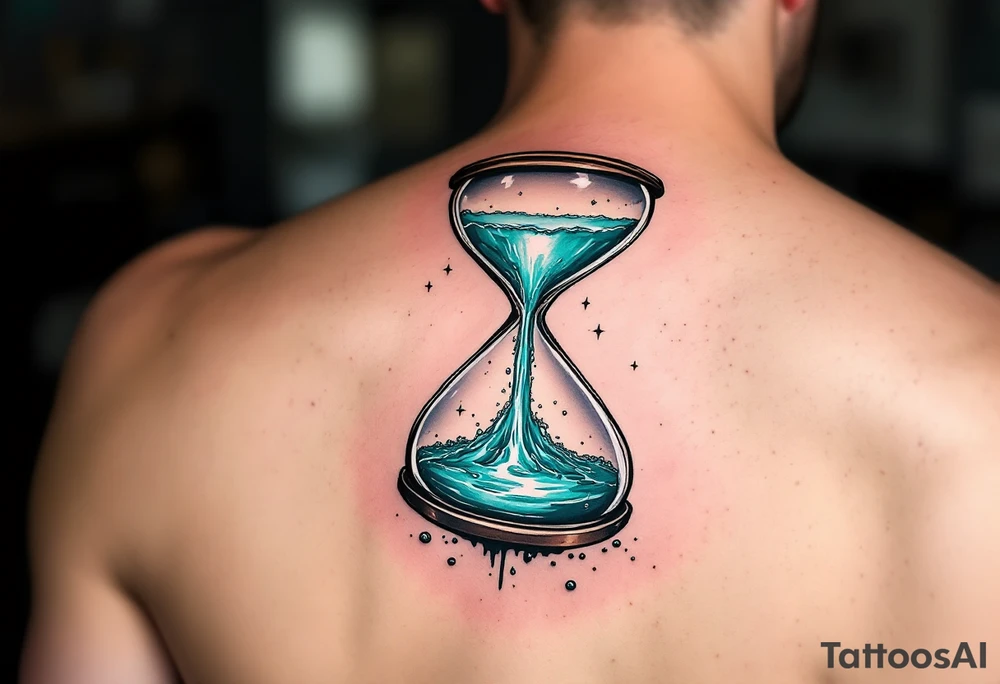 A waterfall flowing from an hourglass, with shimmering teal and silver water cascading into the unknown. tattoo idea