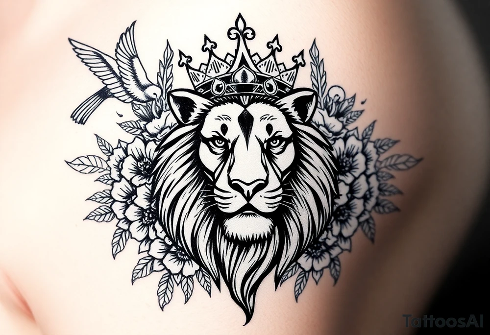 powerful majestic lion with a crown, surrounded by floral ornaments and birds tattoo idea