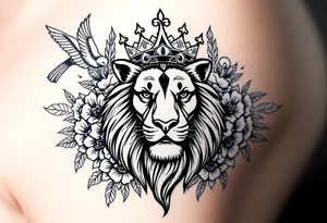 powerful majestic lion with a crown, surrounded by floral ornaments and birds tattoo idea