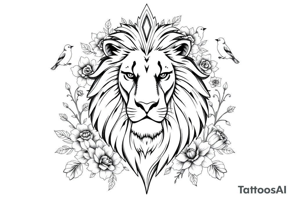 powerful majestic lion with a crown, surrounded by floral ornaments and birds tattoo idea