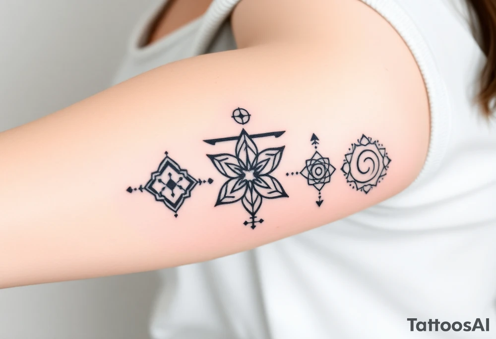 A geometric tattoo with 5 Symbolic elements for each family member. Two base elements for my husband, intertwined floral patterns like mirrored vines or spiral paisleys representing our identical twins, and another element for my oldest son.  Details like the Gemini zodiac symbol,  feminine-yet-bold linework, Detailed dotwork, linework, and geometric accents around each symbol, Interconnected elements to reflect family unity tattoo idea