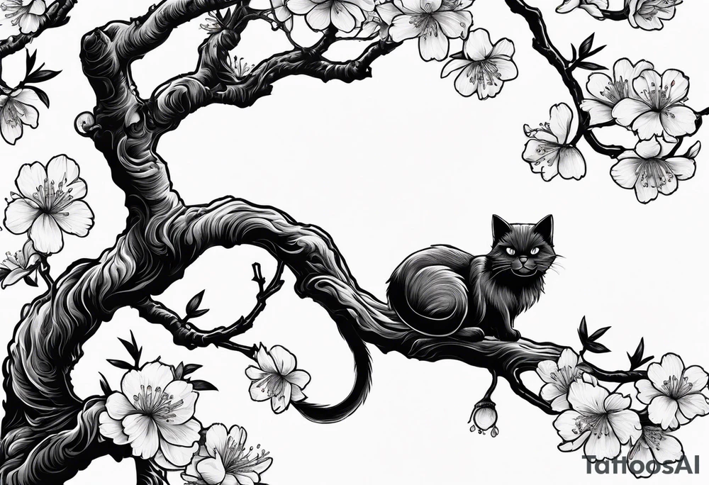 elongated cherry blossom branch meeting with a dying pine tree with hidden cute demon cat tattoo idea