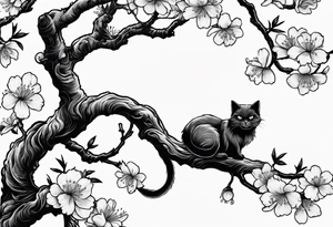 elongated cherry blossom branch meeting with a dying pine tree with hidden cute demon cat tattoo idea