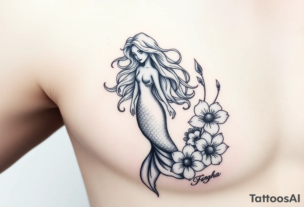 ethereal mermaid with flowing hair among coral and sea flowers tattoo idea